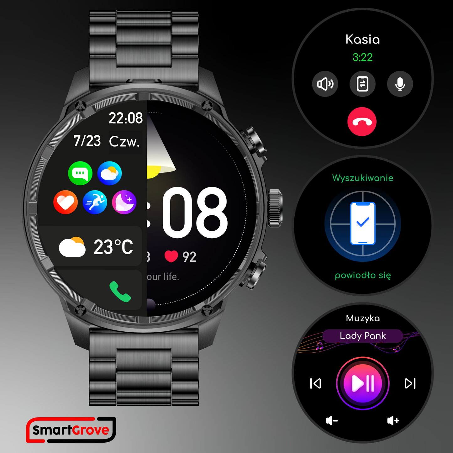 SMARTWATCH MĘSKI ZEGAREK MENU PL WODOODPORNY ROZMOWY PULS CIŚNIENIE AMOLED